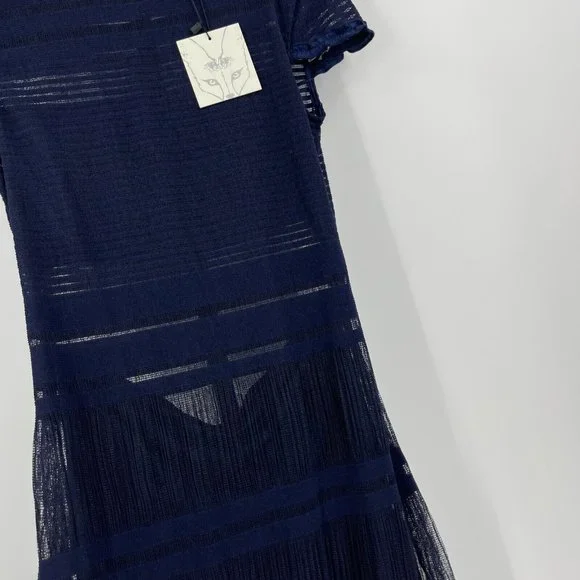 NWOT - foxiedox Navy Sheer Striped Midi Dress - Picture 5 of 8